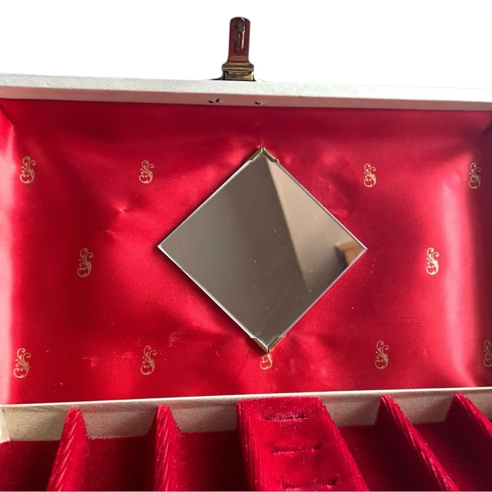 Vintage Two Tier Red Velvet Cream White Gold Flower Mirrored Jewelry Box